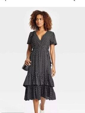 Knox Rose Womens Size XL Navy  Blue Polka Dot Tiered Maxi Wrap Dress